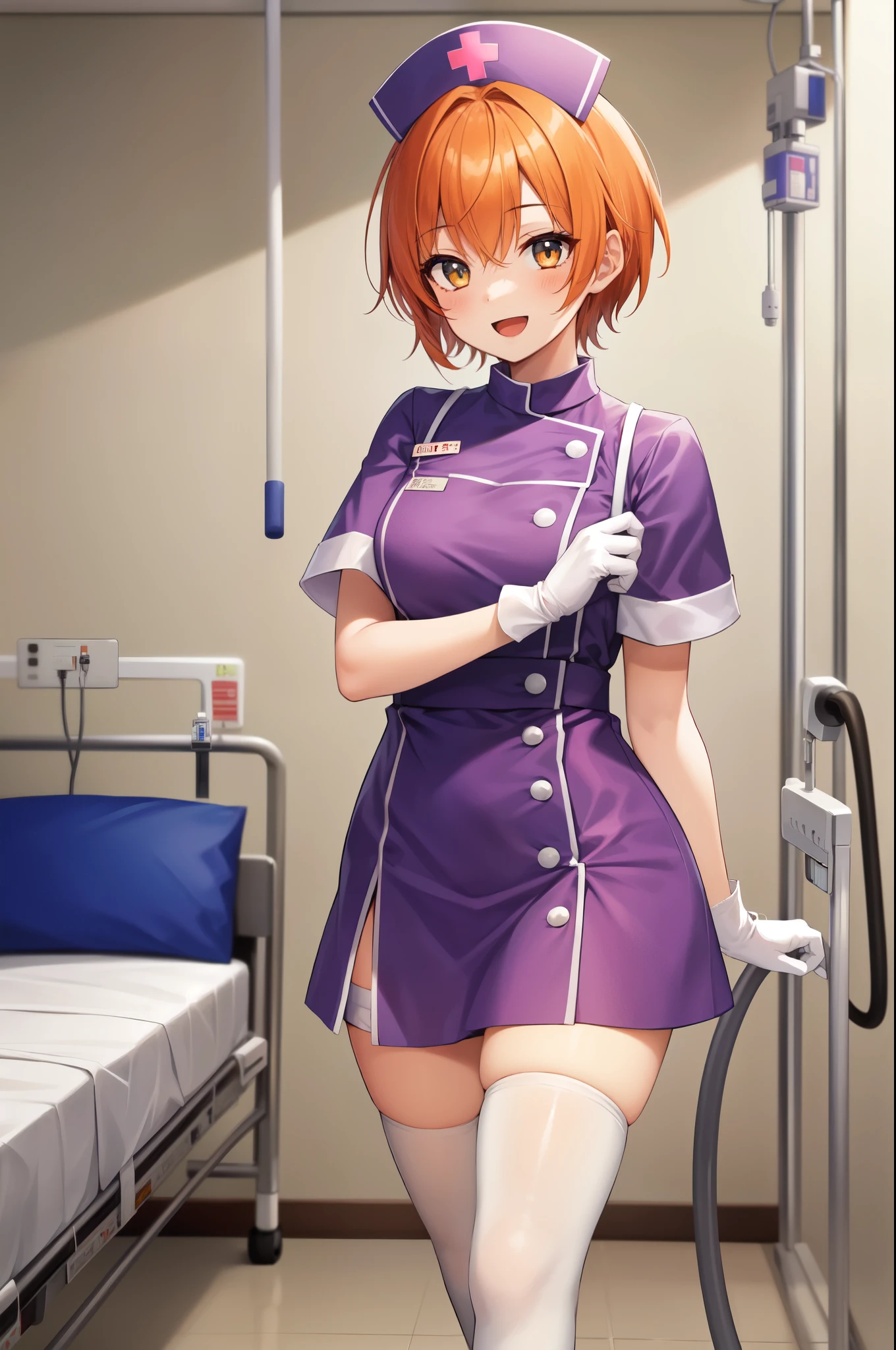 1girl, solo, nurse, nurse cap, white nurse uniform, ((white legwear, zettai ryouiki)), white gloves, very short hair, orange hair, smile, open mouth, standing, ((hospital room)), sharp outline, short sleeves, tomboy, boyish, best quality, masterpiece