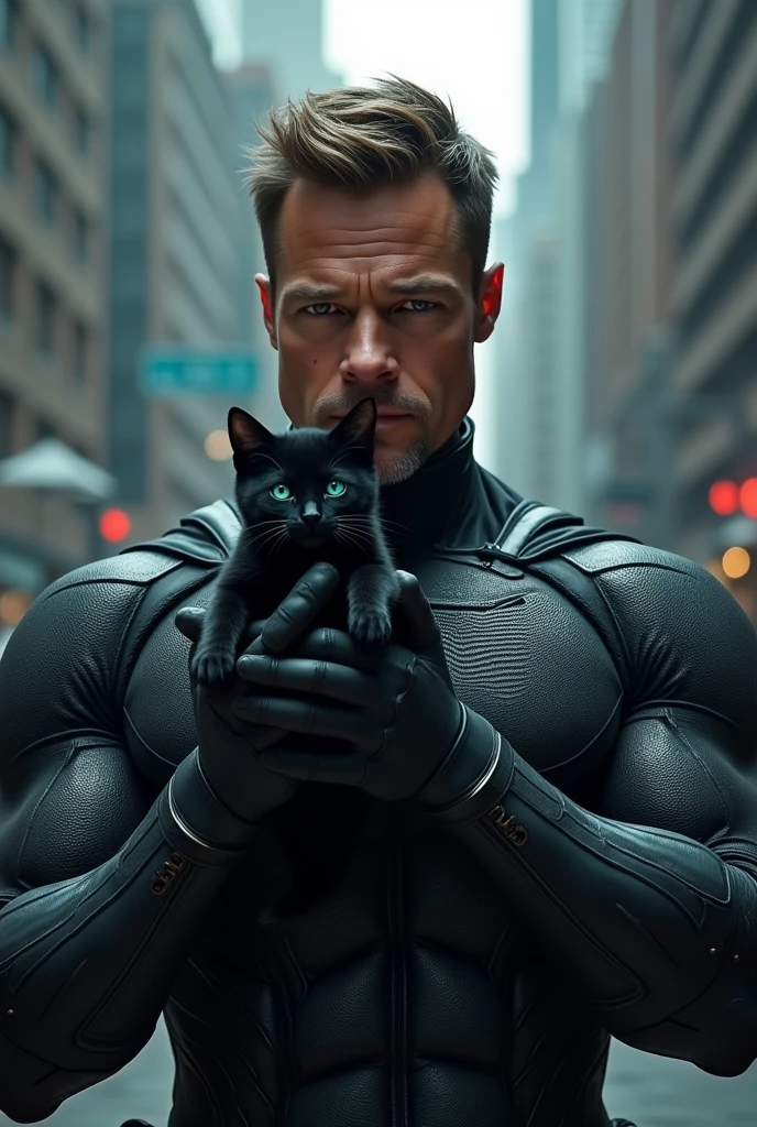 a superhero  similar to  Brad Pitt  holds in his hands a very small black kitten with blue eyes