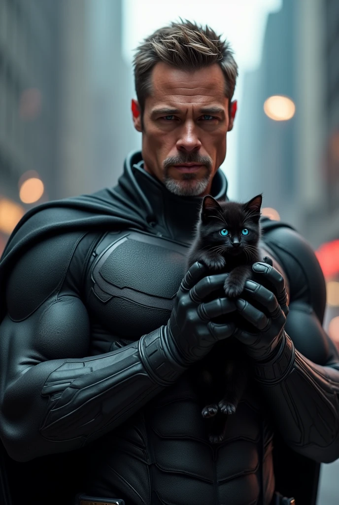 a superhero similar to Brad Pitt holds in his hands a very small black kitten with blue eyes