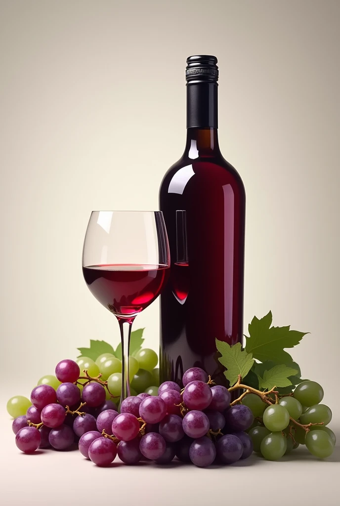 A bottle of wine with a glass on the side and a base of grapes