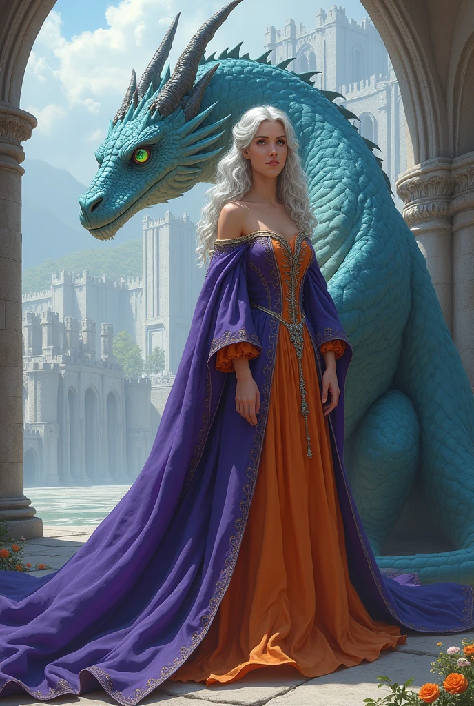 Woman in purple and orange medieval dress. Woman with silver-white wavy and curly hair and dark violet eyes, woman sitting next to her light blue dragon, huge and fierce dragon, Dragon with green eyes. Zoom in on the woman.
Gigantic and majestic castle in the background. Castle with white stones. blue Dragon. Dragon with sky blue scales 