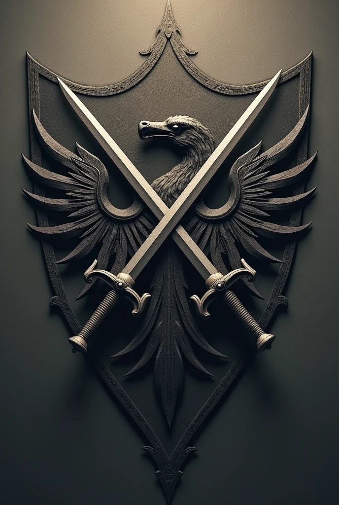 a coat of arms of a god representing justice, loyalty and strength with two swords forming an X, Without showing any human being, not too colorful and that shows intimidation