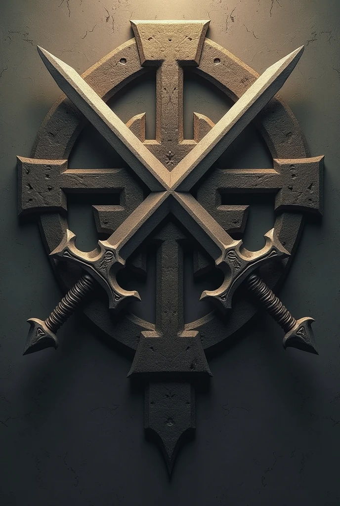 a coat of arms of a god representing justice, loyalty and strength with two swords forming an X, Without showing any human being, not too colorful and that shows intimidation