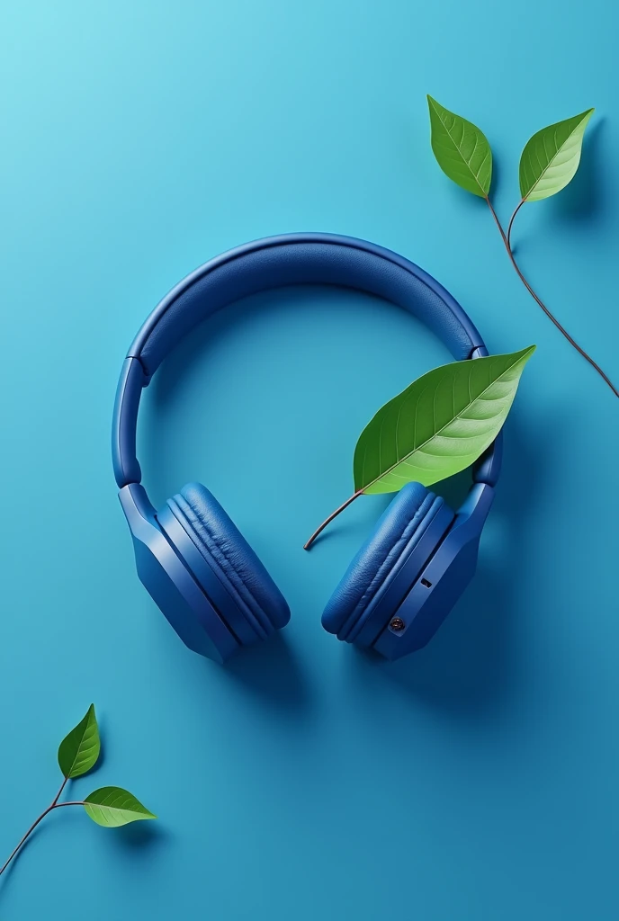 Blue Headphone with leaf in blue background 