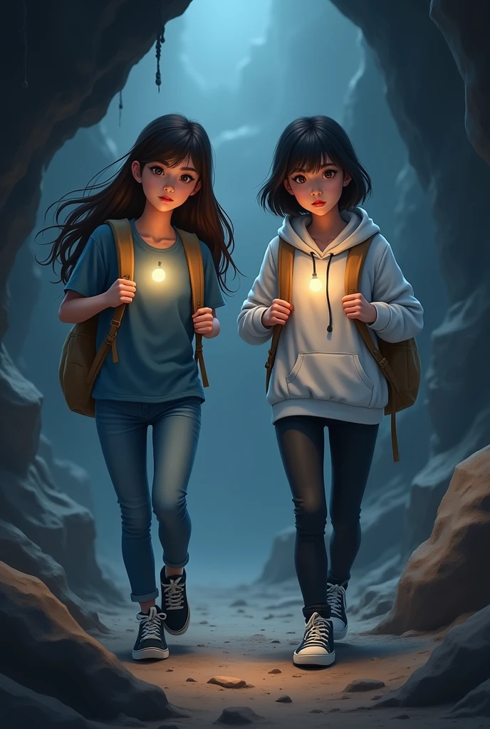 two asian women, one have long brown hair wearing blue shirt and jean, other one have short black hair, wearing white hoodie and black jean, both carries light brown backpack and wearing black sneakers, holding flashlight, walking inside cave, 2d art, front view, serious face expression