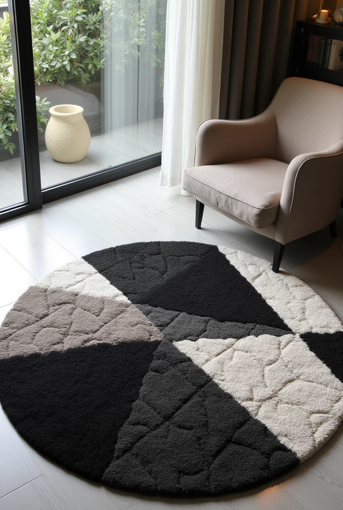 Rugs with tufting technique , round rug ,triangular, irregular squares for living room organic designs sophisticated ,luxurious black and white various models