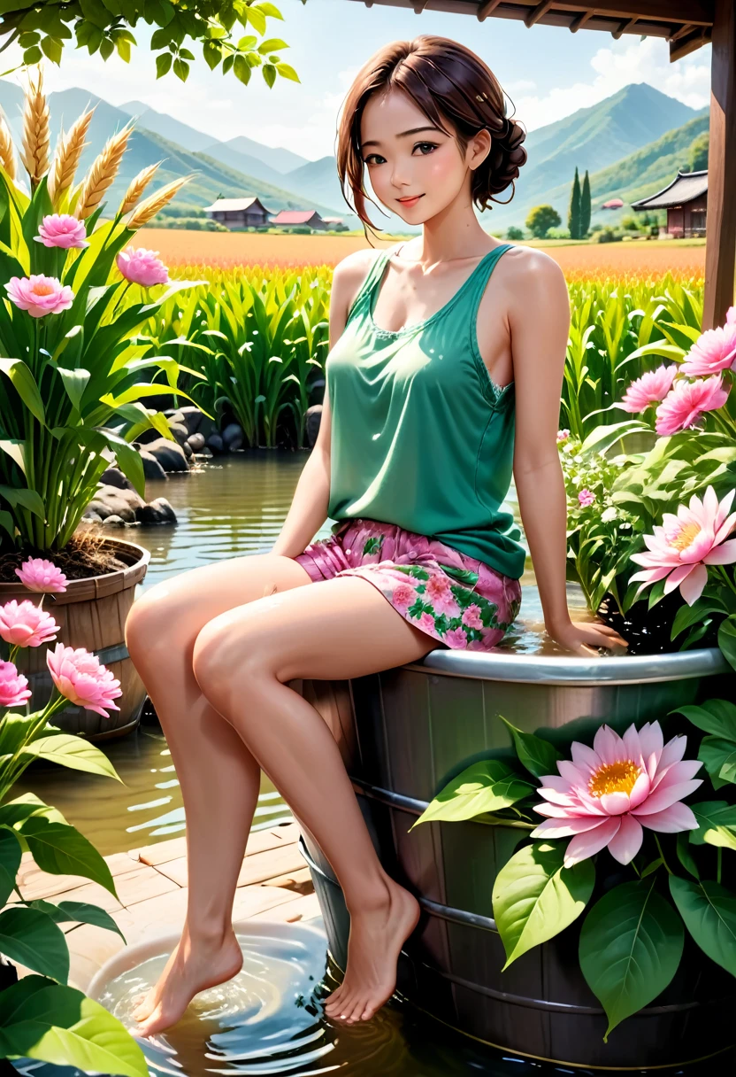 (((best quality))), (((ultra detailed))), (((masterpiece))), illustration,((1 beautiful young girl,solo)),((short hair,braids)),(detailed eyes:1.3),((blush,sweat,wet)),(smile:1.3),((slim,thin)),(healthy, vitality),((small breasts,flat chest)),(pink floral tank top:1.3),(pink floral shorts:1.3),(slender legs:1.2),(sitting:1.3),(On the riverbank:1.3),(washing clothes:1.2),fresh wind,delicate,(beside the washtub filled with clothes:1.3),vibrant colors,graceful, enchanting,hard work,cornfields, lush leaves,bright sunlight,(detailed background:1.3), vivid wildflowers, various colors, petals, fragrant, scent, flavor,houses in the distance, Chinese-style, green mountains, clear water, eaves, harmonize, natural, environment, vegetable gardens, orchards, harvest, tranquility, naturalness,beauty, labor, blooming, lush, green, environment,(rural scape:1.3),(outdoor:1.3),(day scene:1.3),((summer, afternoon)), (countryside:1.3),((from front,upper body))
