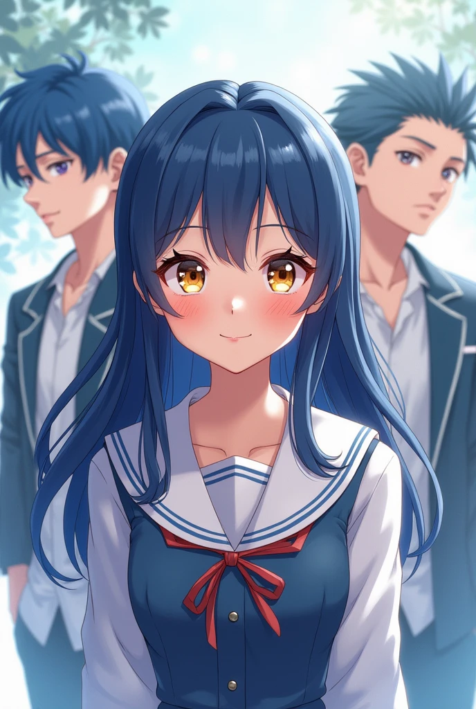 Dark Blue hair and golden eyes anime girl smile with two l blue hair men