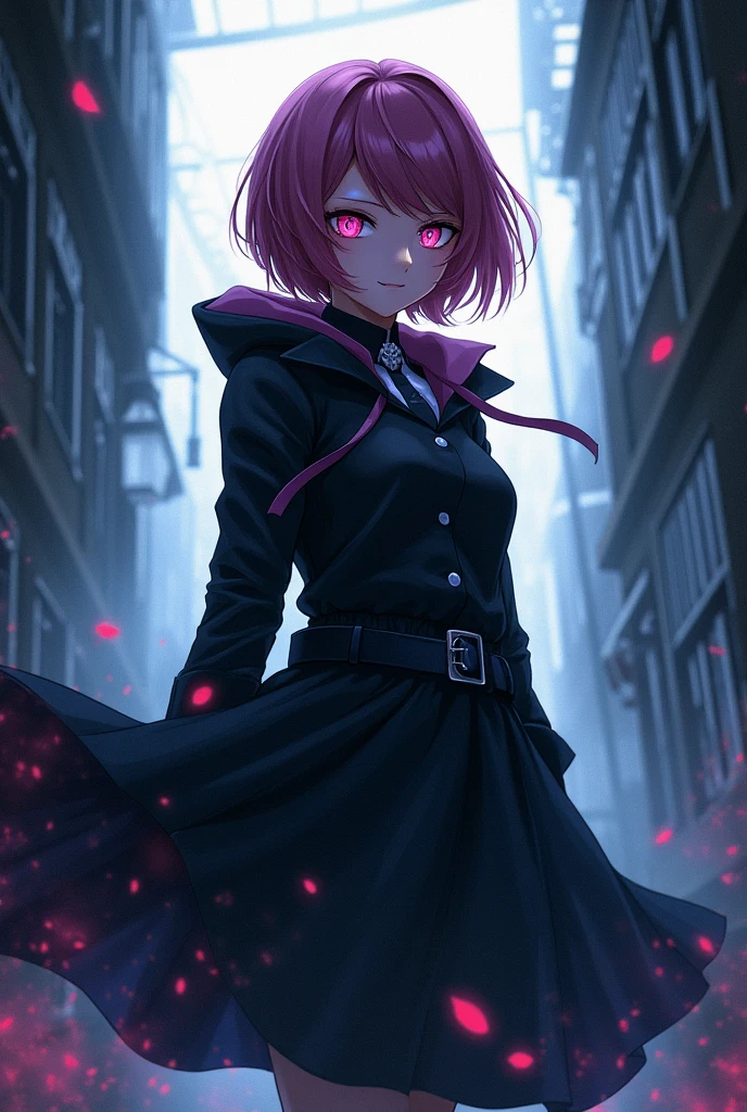 Danganronpa oc ultimate ghost hunter, female, short dark pink hair, mysterious, highschooler,