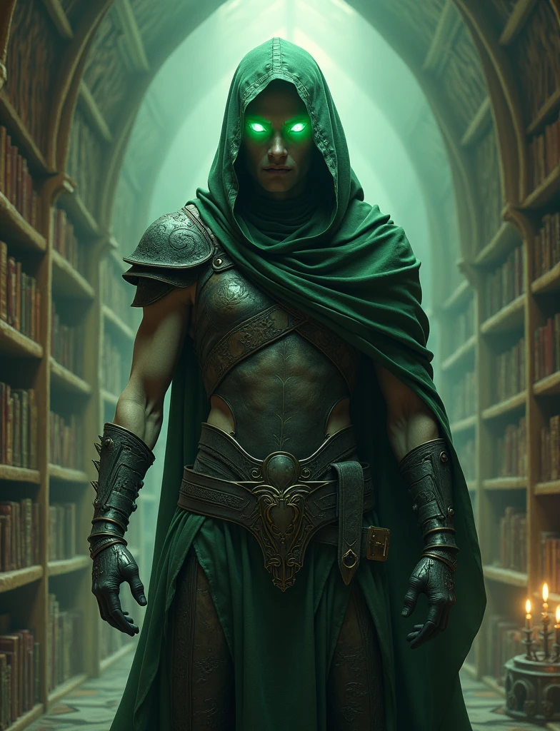 men warrior with and electric green eyes, thin armor and a hood in a magical library
