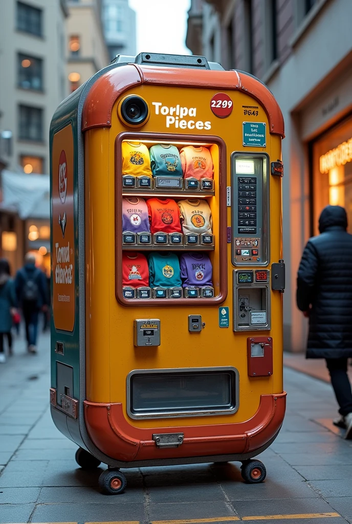 Make an image of a machine similar to a candy machine but with personalized sweatshirts 