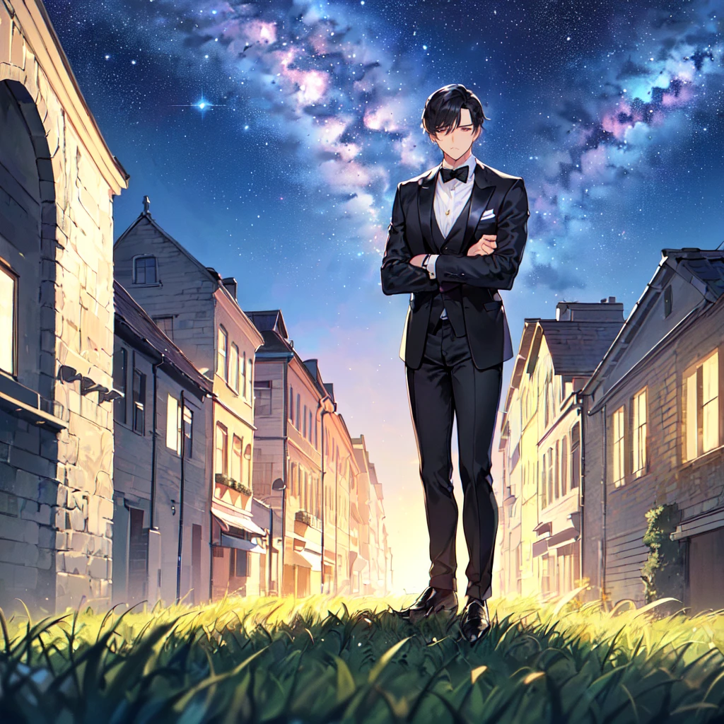 masterpiece,best quality,high quality,(1 male austere handsome solo adult age 30 years old:1.5), purple eyes, cool with suspended eyes, V-shaped eyebrows, body strong and fearless 8.5 head tall, height 185cm, (well-groomed black short hair:1.5), (bangs in three (black suit, black tie and black pants: 1.3), (standing: 1.3), (stylish pose), (cool sad expression: 1.3), (background grassland: 1.3) , (Milky Way Night Sky: 1.3) , (upper body:1.3)