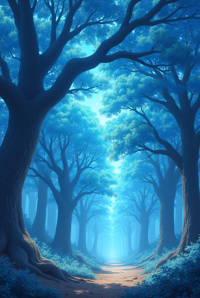 scenography, Oaks Forest, sky blue leaves, energy particles, anime
