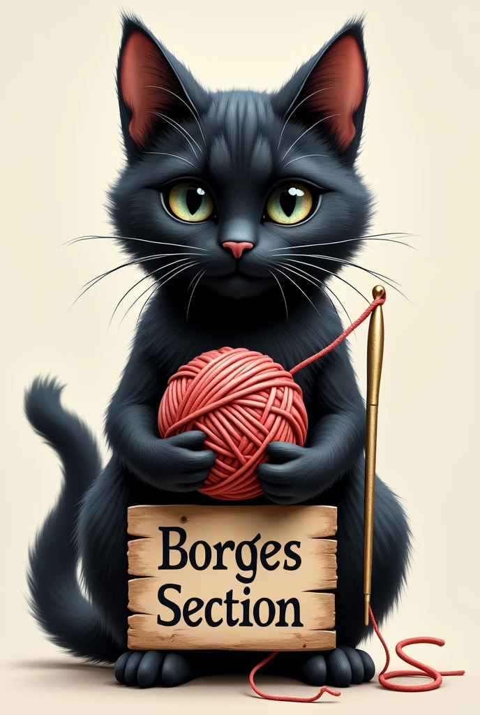 Realistic black cat logo holding a ball of thread and crochet hook, with the sign: Borges section