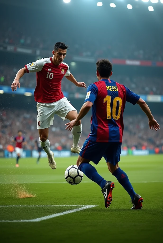 Cristiano Ronaldo scoring a goal against Messi the goalkeeper