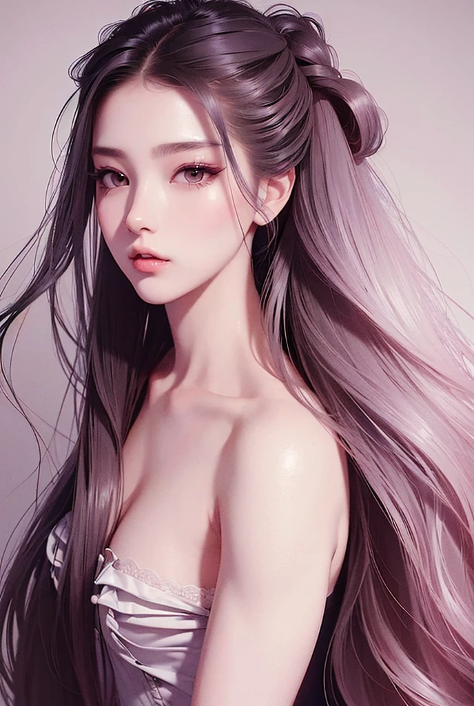 A photogenic girl , KOREAN , 19yearsold , hair long black , slickedback hair ,wavy ends , bangss , from sideways , white corset with pastel pink and delicate details , Delicate expression , Make-up natural , soft lips , best qualityer , (Perfect anatomy ) , (masterpiece )