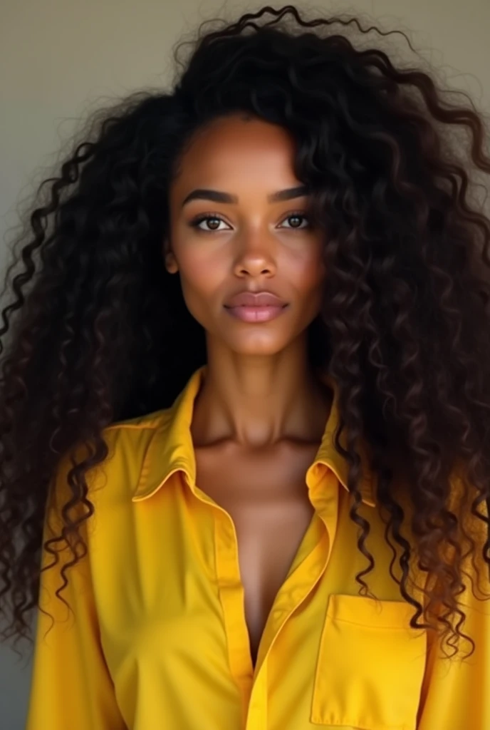 Here is the translation of your sentence into English:

"Beautiful perfect mulatto, with a lovely indigenous appearance, with beautiful black eyes, very long curly hair, wearing a yellow shirt."