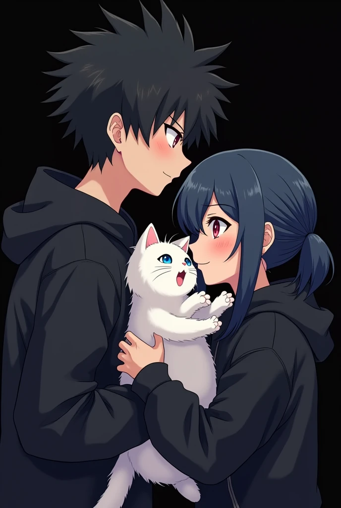 Anime boy ((( Spiky hair , black hair , black hoodie , red eyes , narrowed eye ))) , Anime girl ((( dark blue hair , modern day mullet hair style , black hoodie , red eyes , almond eye ))) blank black background , side view , playing with a cat (white cat , fluffy cat , cute cat , cat with blue eye)
