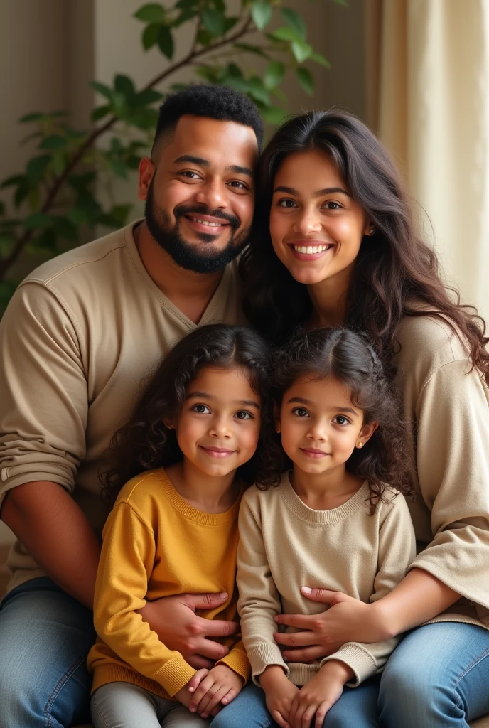 Create an image of a family of 4 people 2 parents and 2 girls one and one 7 and their parents are 3 the father is tall and chubby and the mother is dark and of medium height the 9 year old girl looks like her father and the like her mother the mother's hair is wavy with a Latina appearance the father does not wear a beard and the daughter is chubby