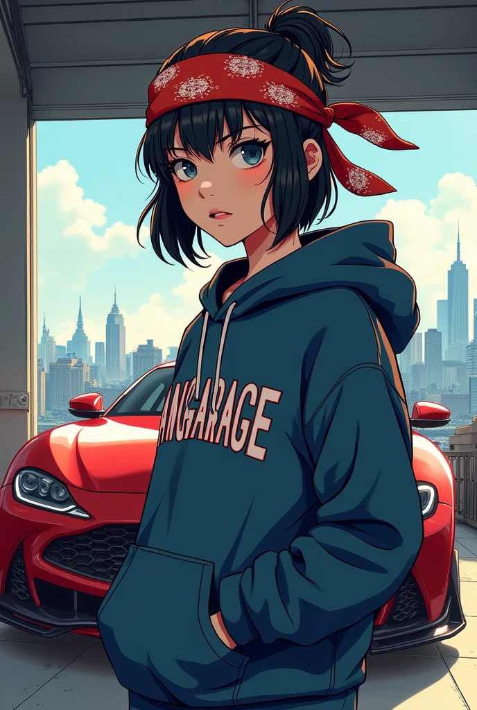 Girl with bandana and hoodie in front of tuning car,tokio in background,angarage text on hoodie,manga