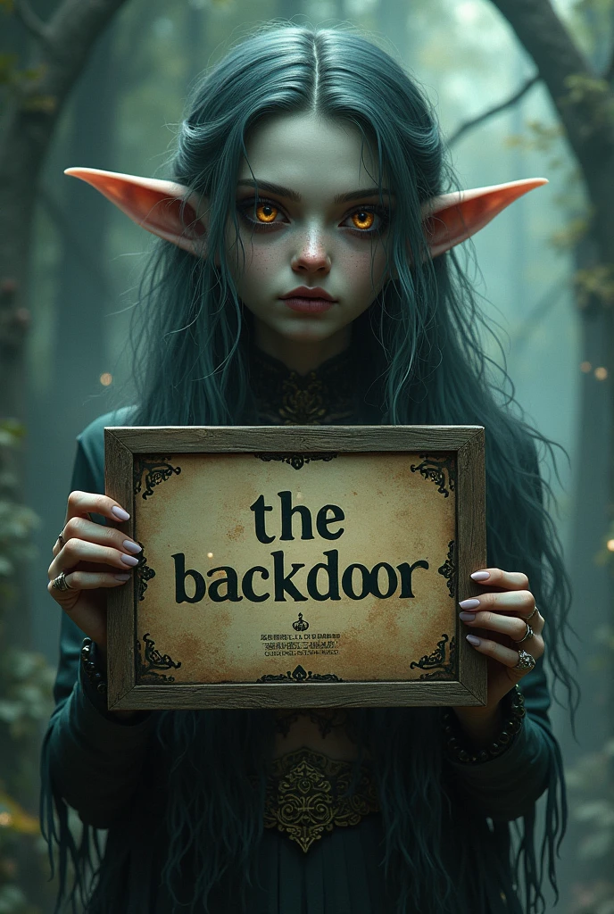 Monster girl with a sign that has the word, THE BACKDOOR