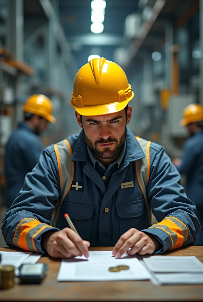 The electrical engineer in the factory is wearing special clothes and a helmet, sitting behind the desk, working seriously, holding papers and euro coins