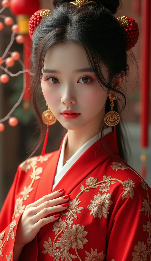 (photorealism:1.2), beautiful Chinese Hanfu, very beautiful Chinese Hanfu female, very detailed fingers, beauty red nails, high resolution, HDR 