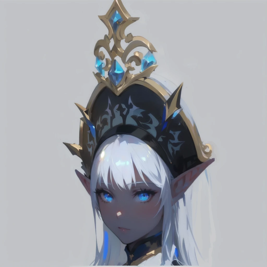 There is a picture of a woman with a crown on her head.., portrait of an Elven queen, an Elven queen, Dark Elves princess, Elven queen, Portrait of an elf, a Portrait of an elf, Elf Princess, Blue Elf, Dark Elves, DND Portrait, 2D concept art head macro shot, She has elf ears and blue eyes., elf girl, The Cross, fuze, saint, hat