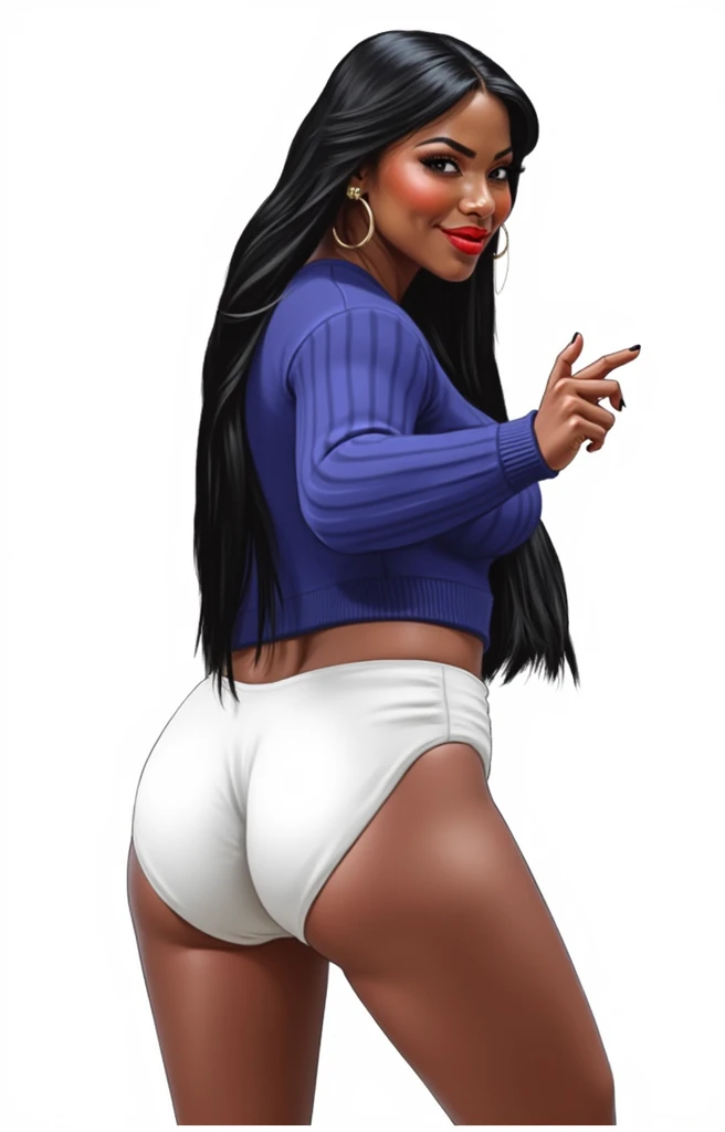 (masterpiece, best quality)), ((((perfect anatomy)))), Heavyset black woman with long black hair, dark eyeshadow, dark red lipstick, blue sweater, (((big white cotton panties))), big booty, smiling, ((((realistic art style, 50's pinup art))))