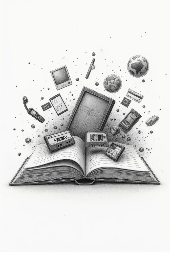 Pencil drawing of an open book with references from the 1990s to 2000s emerging from it