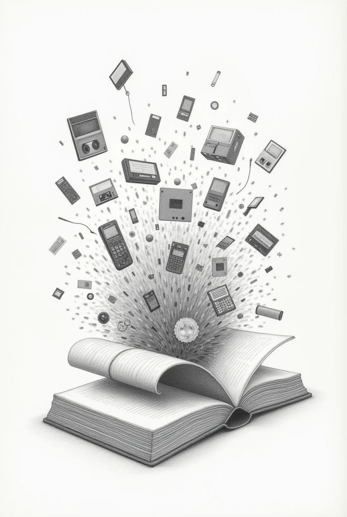 Pencil drawing of an open book with references from the 1990s to 2000s emerging from it