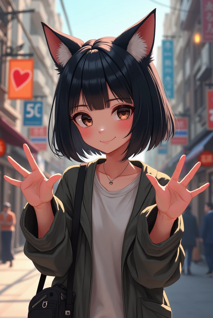 (One person, slim,small breasts,bangs,black wolfcut hair,Slope_eye),BREAK,(date me at street,happy with me),BREAK,Conceptual Art, masterpiece, Super Detail, Attention to detail, high quality, 最high quality, High resolution