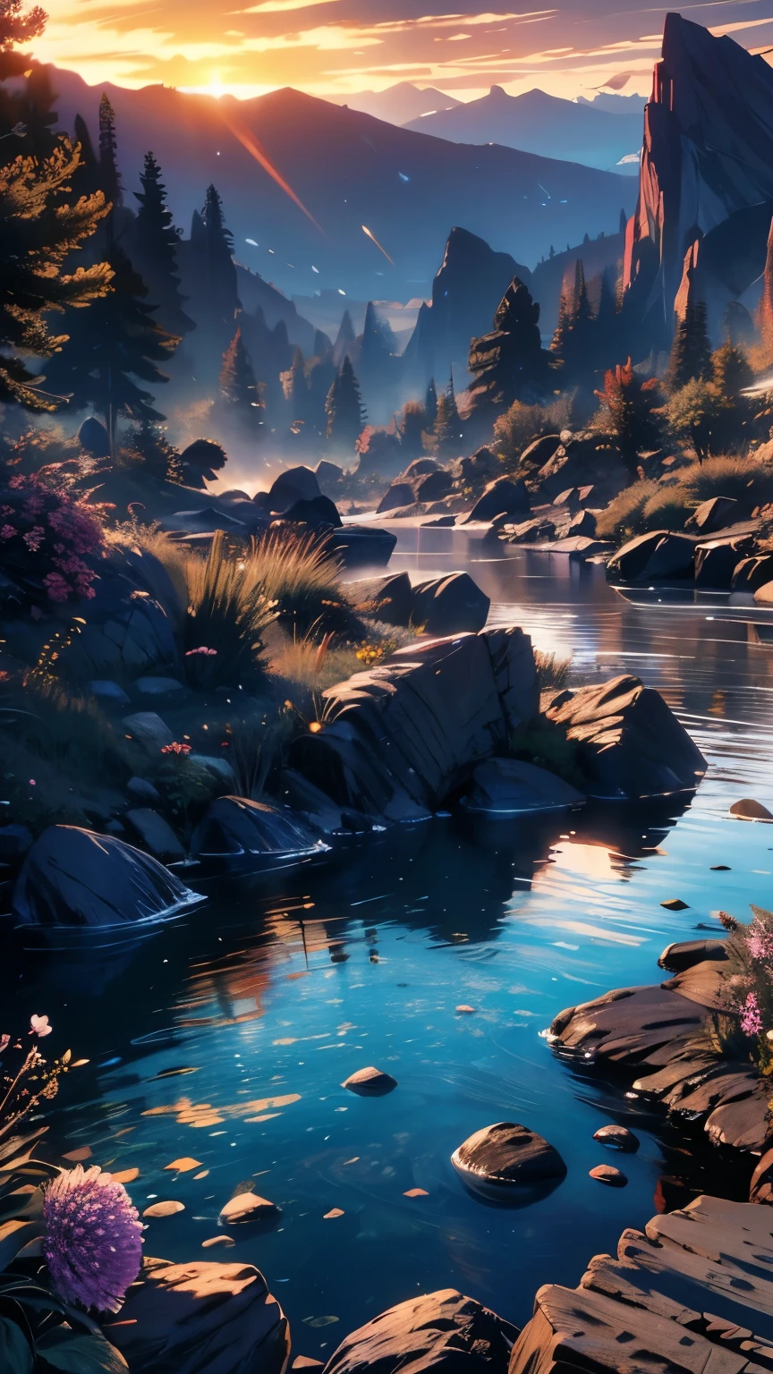Phoenix, Skyrim. sunset. level, crystallization, Flowers and plants, Realistic, High resolution, Masterpiece, 8k