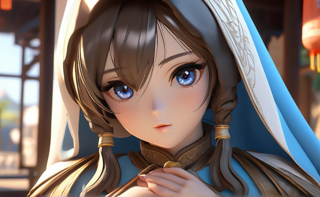 a poor woman named mai valentine, 2, steching clothes , ancient times, well clothed, 3d, realistic anime character, extremely detailed face and eyes, intricate details, photorealistic, cinematic lighting, dramatic shadows, beautiful blue eyes, delicate facial features, elegant hairstyle, detailed clothing, warm colors, masterpiece, 8k