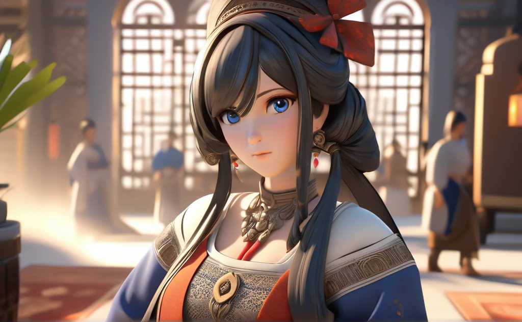 a poor woman named mai valentine, 2, steching clothes , ancient times, well clothed, 3d, realistic anime character, extremely detailed face and eyes, intricate details, photorealistic, cinematic lighting, dramatic shadows, beautiful blue eyes, delicate facial features, elegant hairstyle, detailed clothing, warm colors, masterpiece, 8k