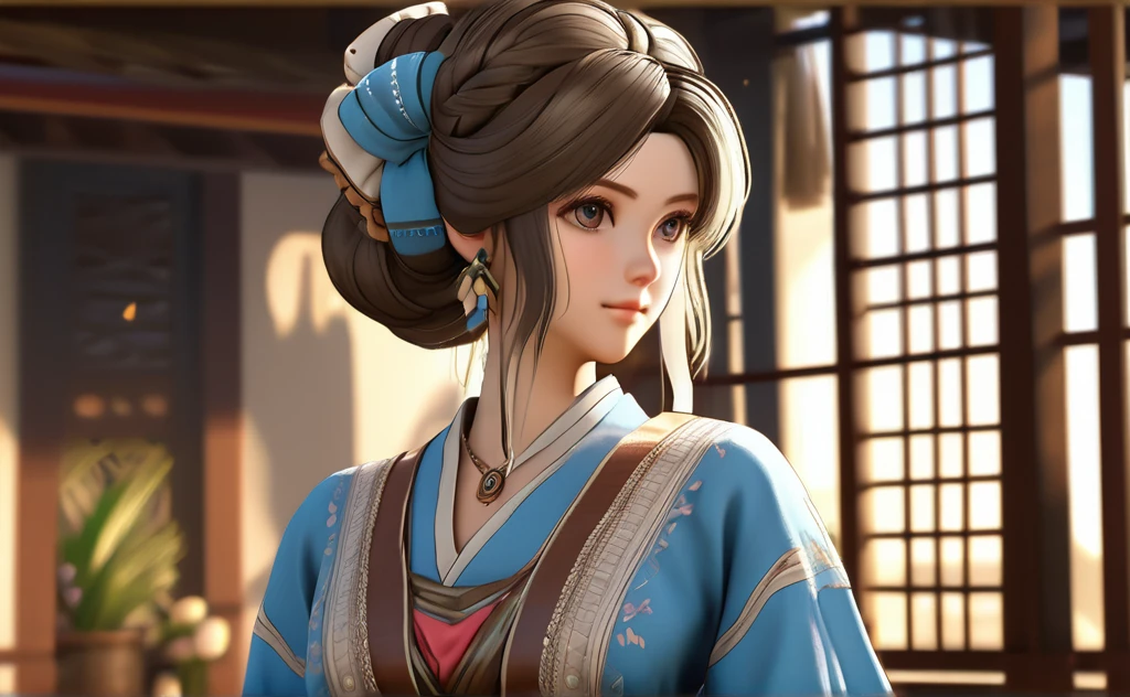 a poor woman named mai valentine, 2, steching clothes , ancient times, well clothed, 3d, realistic anime character, extremely detailed face and eyes, intricate details, photorealistic, cinematic lighting, dramatic shadows, beautiful blue eyes, delicate facial features, elegant hairstyle, detailed clothing, warm colors, masterpiece, 8k