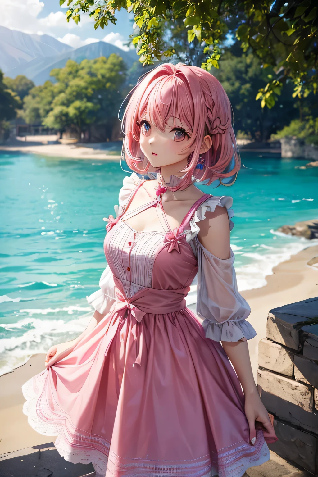 woman pink hair pink eyes dress pretty