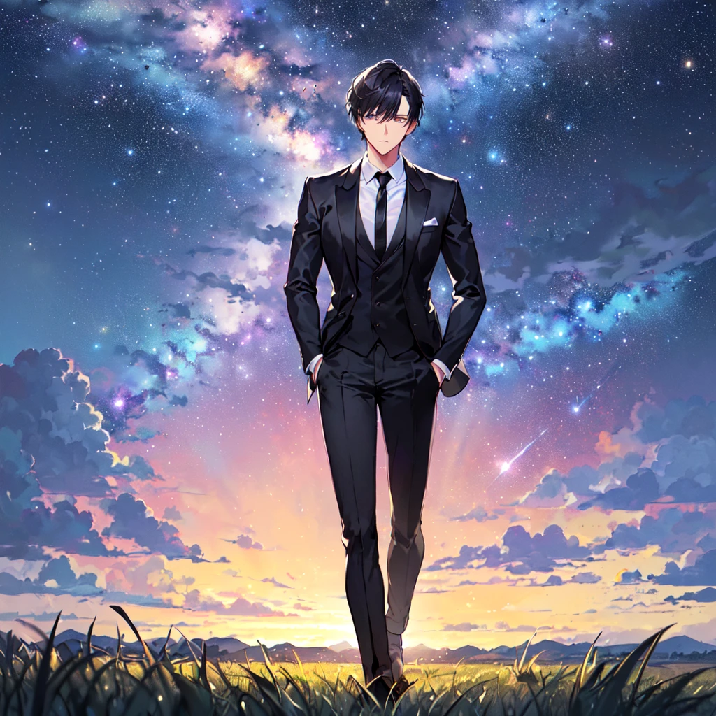 masterpiece,best quality,high quality,(1 male austere handsome solo adult age 30 years old:1.5), purple eyes, cool with suspended eyes, V-shaped eyebrows, body strong and fearless 8.5 head tall, height 185cm, (well-groomed black short hair:1.5), (bangs in three (black suit, black tie and black pants: 1.3), (standing: 1.3), (stylish pose), (cool sad expression: 1.3), (background grassland: 1.3) , (Milky Way Night Sky: 1.3) , (upper body:1.3)