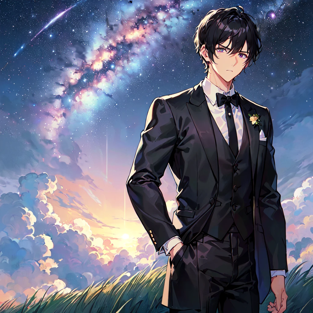 masterpiece,best quality,high quality,(1 male austere handsome solo adult age 30 years old:1.5), purple eyes, cool with suspended eyes, V-shaped eyebrows, body strong and fearless 8.5 head tall, height 185cm, (well-groomed black short hair:1.5), (bangs in three (black suit, black tie and black pants: 1.3), (standing: 1.3), (stylish pose), (cool sad expression: 1.3), (background grassland: 1.3) , (Milky Way Night Sky: 1.3) , (upper body:1.3)