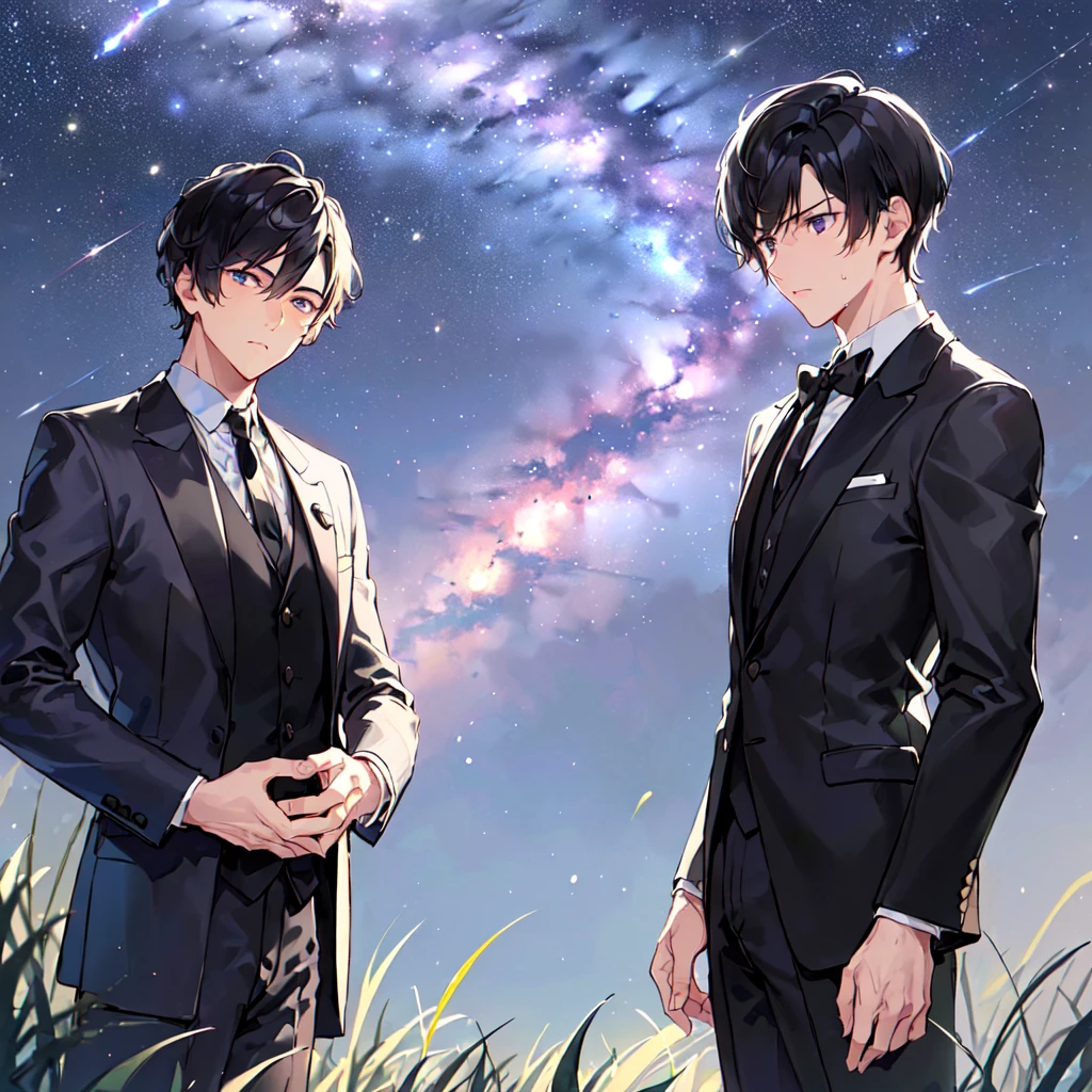 masterpiece,best quality,high quality,(1 male austere handsome solo adult age 30 years old:1.5), purple eyes, cool with suspended eyes, V-shaped eyebrows, body strong and fearless 8.5 head tall, height 185cm, (well-groomed black short hair:1.5), (bangs in three (black suit, black tie and black pants: 1.3), (standing: 1.3), (stylish pose), (cool sad expression: 1.3), (background grassland: 1.3) , (Milky Way Night Sky: 1.3) , (upper body:1.3)