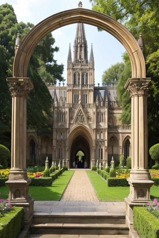 Gothic architecture、Wooden buildings、There is a little yellow、antique、Large garden and fountain、Victorian atmosphere、The arch is open and the path leads to the entrance. The garden has a fountain, flowers, arches and plaster statues.、More of the whole thing please、Gothic castle feel!Yellow and brown、wood