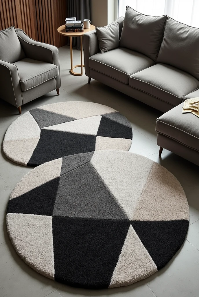 Rugs with tufting technique  , round rug ,triangular, irregular squares for living room organic designs sophisticated  ,luxurious black and white various models