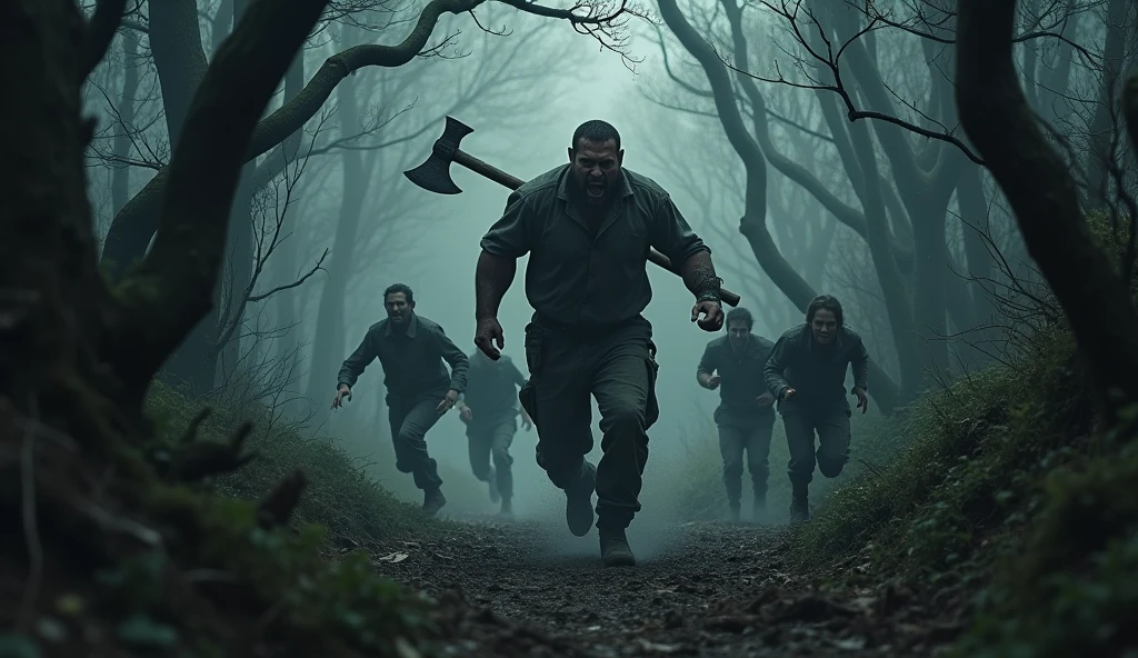 make a haunted forest, extremly scary,dark and somber tones, a group of people in the front of the image running desperately, and in the background a lumberjack holding his axe chasing this group of people, extremely detaild, photoshot_\( ultra\), photoshotrealisitic, realisitic, Post-processing, Maximum details, roughness, real-life, ultrarealisitic, photoshotrealism, photoshotgraphy, 8k hd, photoshotgraphy