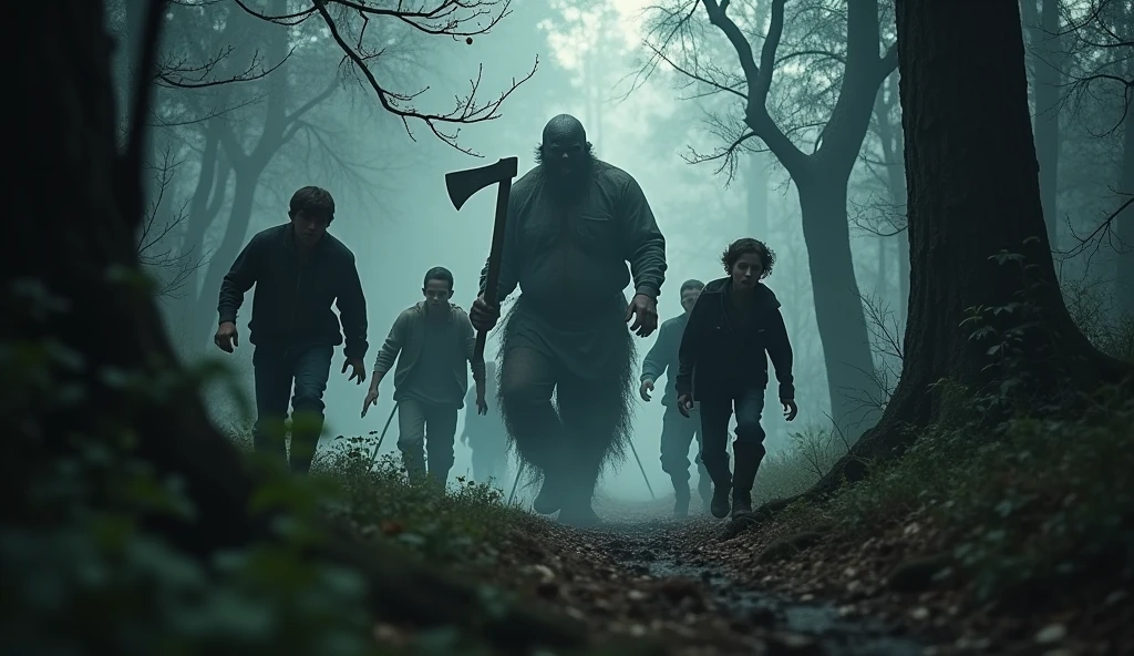 make a haunted forest, extremly scary,dark and somber tones, a group of people in the front of the image running desperately, and in the background a lumberjack holding his axe chasing this group of people, extremely detaild, photoshot_\( ultra\), photoshotrealisitic, realisitic, Post-processing, Maximum details, roughness, real-life, ultrarealisitic, photoshotrealism, photoshotgraphy, 8k hd, photoshotgraphy