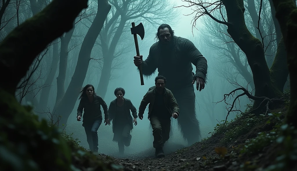 make a haunted forest, extremly scary,dark and somber tones, a group of people in the front of the image running desperately, and in the background a lumberjack holding his axe chasing this group of people, extremely detaild, photoshot_\( ultra\), photoshotrealisitic, realisitic, Post-processing, Maximum details, roughness, real-life, ultrarealisitic, photoshotrealism, photoshotgraphy, 8k hd, photoshotgraphy