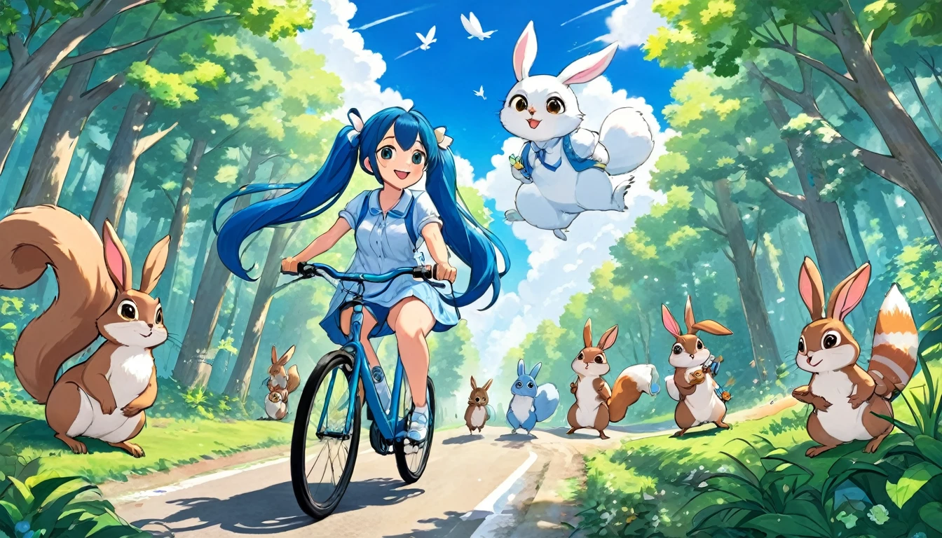 Ride a bike through the lush forest、Blue long hair、beautiful girl with twin tails、Large in the center、Splash art that makes you feel the wind、blue sky、White cloud、Bright smile、Friends of the Forest、squirrel、Rabbit、owl