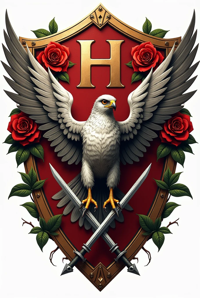 Create a logo for a school called las rosas and add the falcon and make it like a shield of Spain and on the sides add a griffin and also put roses and you can also add swords to it, emphasize the letter h in the center. You can change the falcon to make it look to the center and the griffins to be smaller on the sides. The alcohol can have black wings and a white chest and the griffins make it the same color as mythology and add the swords.
