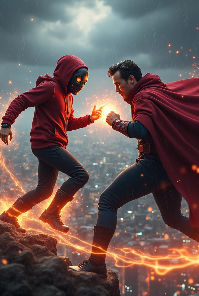 Young Star-lord with red hoodie, headphones, star-lord helmet, gas helmet, covered mouth, round red eyes, Red eyes, magic rings in the hands and rocket boots, Vs. Doctor strange , Fighting, power, fiction, full body, 2 person, magic lasso, hight, fall, fire in boots, poweful spells, fighting, realistic, helmet, mask, red cape, confrontation, punch, gun, flying in the sky, red magic portal, view of the city from above, rain, fighting over the spell book