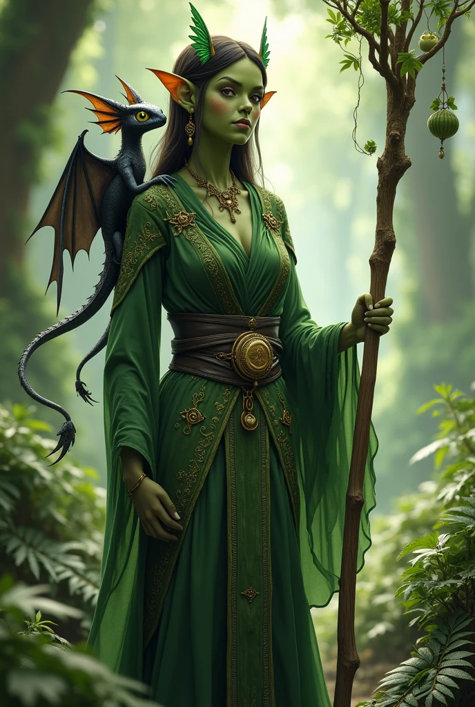 Anthropomorphic female Geico druid with small fairy black dragon companion