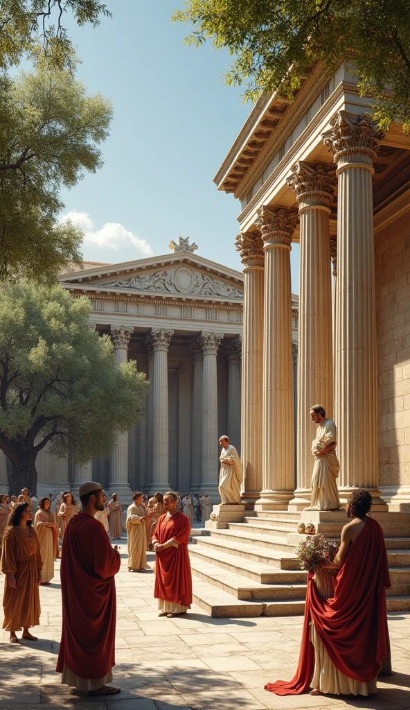 An ancient Athenian building surrounded by lush olive trees, with scholars gathered in flowing robes, discussing philosophy and mathematics. The architecture is classical, with marble columns and statues, representing Plato's Academy in 387 BC